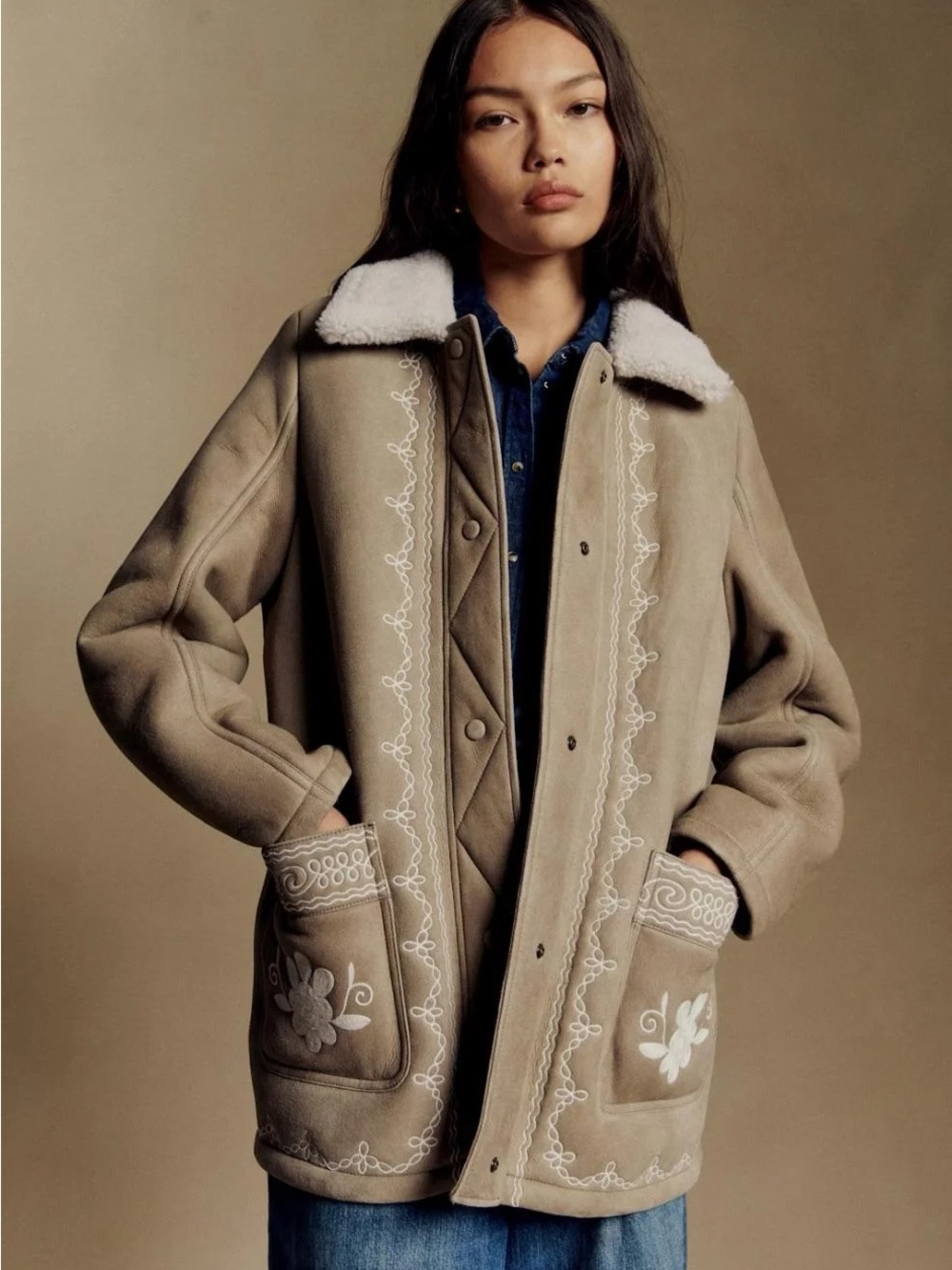 NWT Sézane x Baziszt Nicos Coat in Taupe with Cream Embroidery Size 4/36